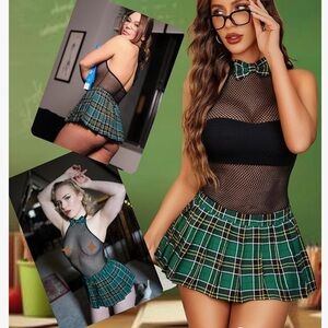 NWT Sheer Mesh Bodysuit with Plaid Skirt